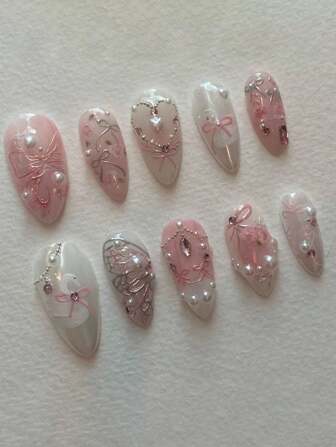 10Pcs Manual Crafted European & American Style Press-On Nails With 3D Floral, Pearl, Conch, Glossy & Nude White Color Dual Tone Short Almond Shape False Nails, Gift For Women & Girls Nail Supplies Nails
