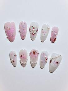 10 件手工制作的欧美风格按压式指甲，带有 3D 花卉、珍珠、海螺、光泽和裸白色双色短杏仁形假指甲，适合女性和女孩的礼物美甲用品 - 彩色 - 查看 5