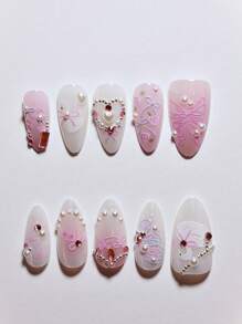 10 件手工制作的欧美风格按压式指甲，带有 3D 花卉、珍珠、海螺、光泽和裸白色双色短杏仁形假指甲，适合女性和女孩的礼物美甲用品 - 彩色 - 查看 7
