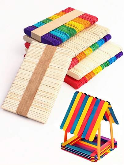 50pcs/Bundle Wood-Color And Colorful Wooden Sticks, Craft DIY Materials, Popsicle Sticks Suitable For Model Making, Pencil Holder, Small House DIY And Gluing Projects,Back To School,School Supplies