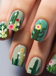 24Pcs Elegant Square Cactus Cute Floral Nail Art Stickers, Detachable Nail Decorations Press On Nails Nail Supplies Nails - Green - View 1
