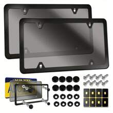 2 Sets Universal License Plate Cover Frame Combo - Durable Flat Car Tag Protector, Black Aluminum Frame Holder With Screws And Caps, Weather-Resistant, Easy Installation, And Rust-Proof - 黑色 - 查看 1