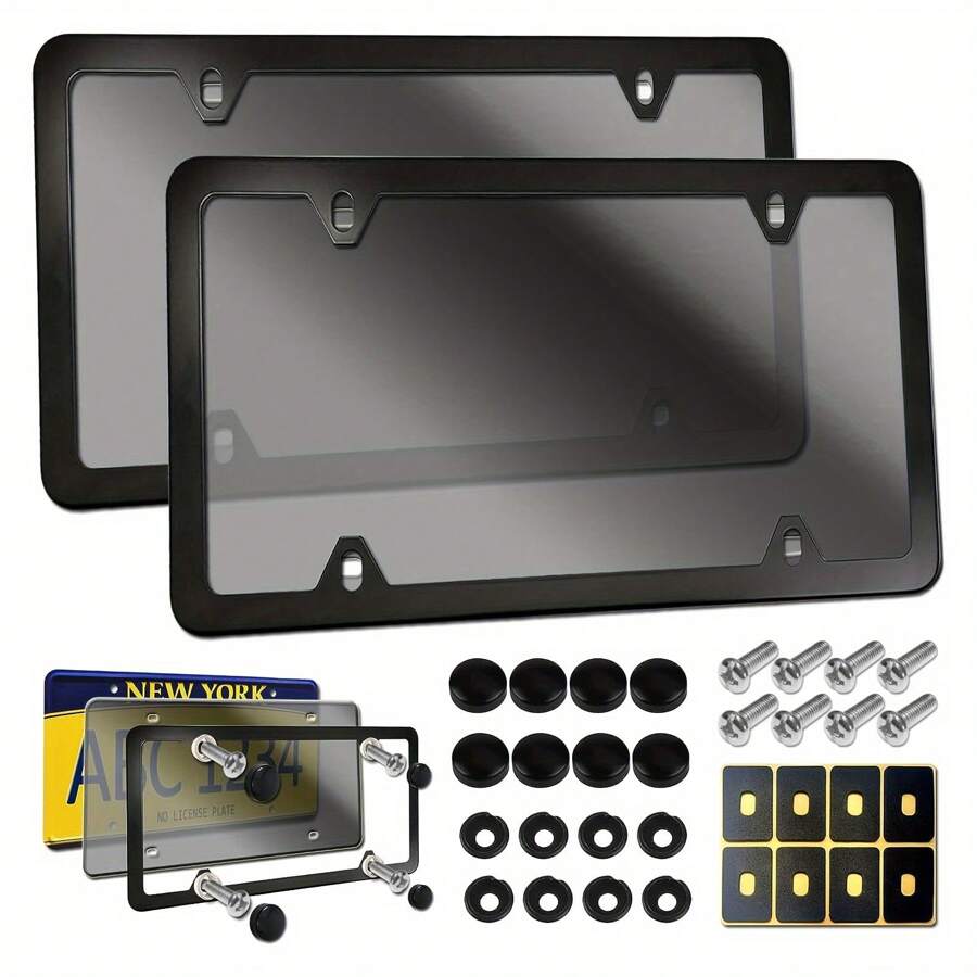 2 Sets Universal License Plate Cover Frame Combo - Durable Flat Car Tag Protector, Black Aluminum Frame Holder With Screws And Caps, Weather-Resistant, Easy Installation, And Rust-Proof - 黑色 - 查看 1
