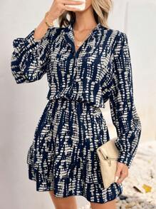 Mujeres primavera y otoño de pie cuello burbuja manga cintura cinched estampado volante doblado vestido,Vestido elegante con botones,vestidos de dama - Azul - Ver 4