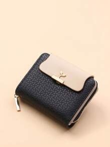 Women's Zipper Buckle Metal Decor Textured Bi-Fold Compact With ID Window Cash Pouch Mini Lightweight Minimalist Fashion Modern Business Anniversary On Valentine Day For Birthday Gift Gift Couple Female Lady Girls Women Gift Gift Bag Present School Supplies Teacher Gifts Back To School For Women Wallet Purse Wallet Small Wallet - Black - View 1