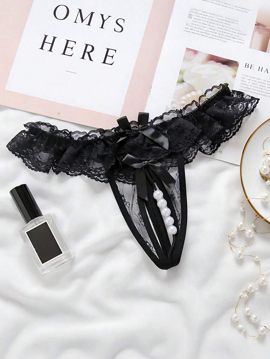 Bragas transparentes con aberturas, con encaje y perlas, lencería