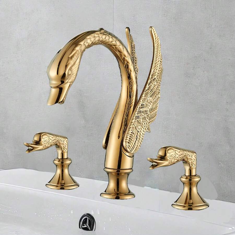 Gold Swan Bathroom Sink Faucet 3 Holes 2 Handle Widespread Vanity Mixer Faucet - 金色 - 查看 1
