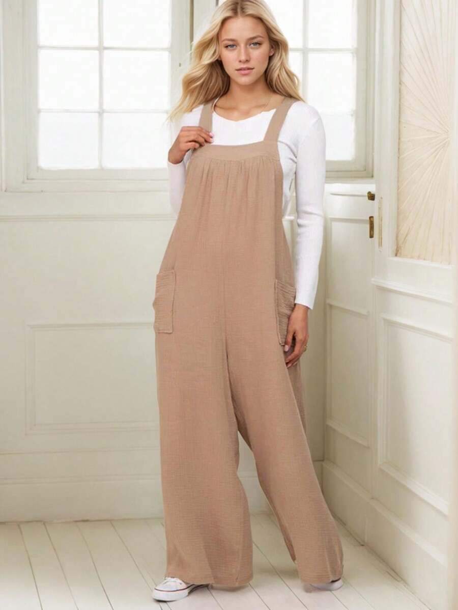 tooluck Women's MaternityJumpsuits Overalls Wide Leg Casual Summer Outfits Linen Rompers Jumpers Sleeveless Straps - Màu Khaki - Xem 1