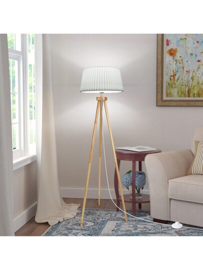 1pc Vintage Wooden Leg Vloer Lamp Foldable Wit Linen Lampshade, Foot Switch, Compatible E27 Bulb (Max 60W), Nordic Living Room Bedroom Lighting view 3