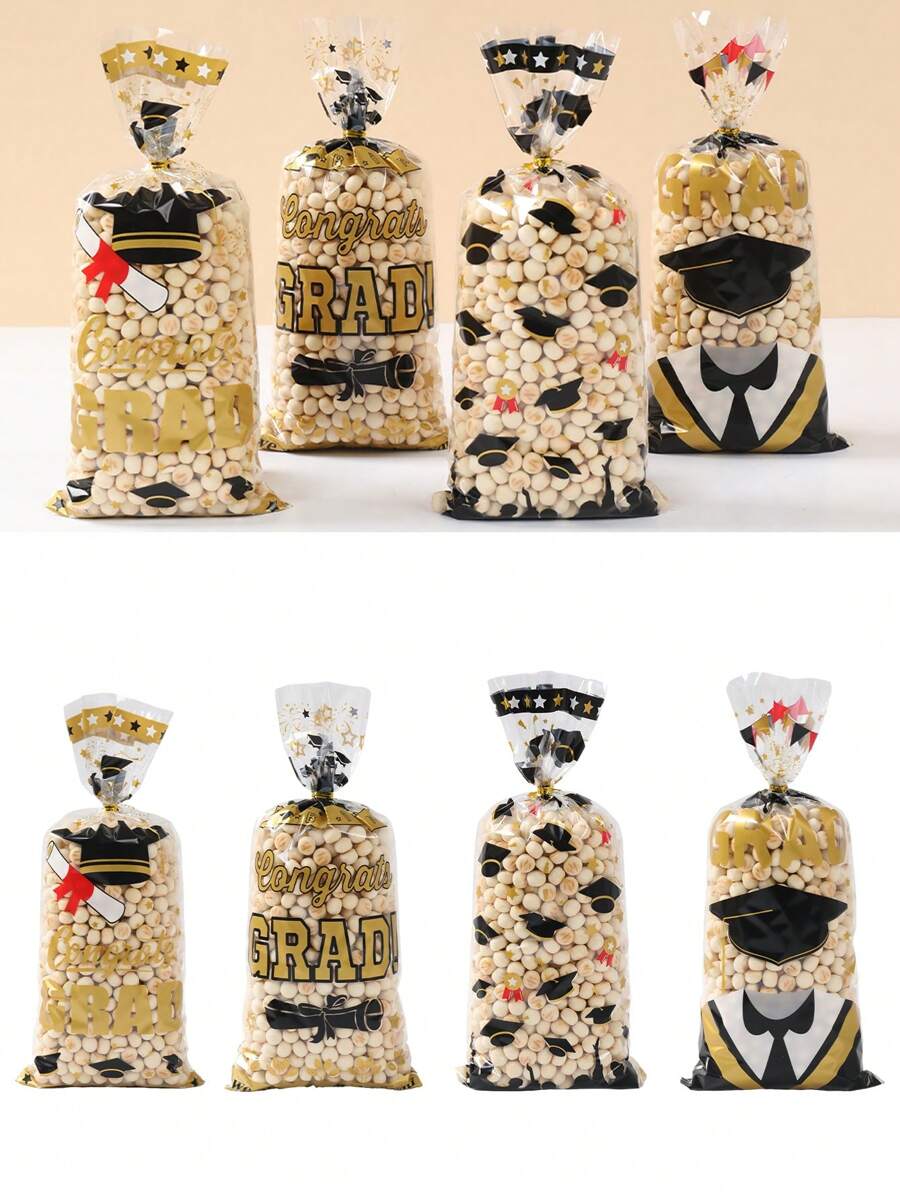 25/50/100 piezas Bolsas de regalo de graduación, con cuerdas doradas, bolsas de plástico transparente desechables para dulces, adecuadas para regalos de celebración de graduación, recuerdos de fiesta de graduación