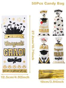 25/50/100 piezas Bolsas de regalo de graduación, con cuerdas doradas, bolsas de plástico transparente desechables para dulces, adecuadas para regalos de celebración de graduación, recuerdos de fiesta de graduación - Temporada de graduación mixta - Ver 4