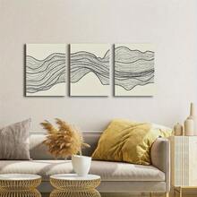 Mid Century Retro Art Dark Brown Wavy Lines Boho Style Minimalist Geometric Abstract Shape Print - Home Room Decor Wall Art With Frame
