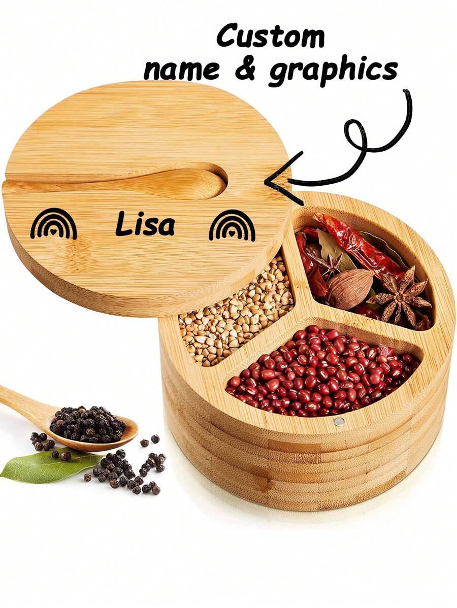 Saleiro Prático Personalizado com Nome e Padrões, Saleiro de Bambu e Madeira de Oliveira com Nome Personalizado, Saleiro Giratório com Colher, Decoração de Mesa de Cozinha, Melhor Presente
