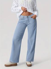 Women Loose Jean, Fashion Wide Leg Denim Long Pants For Daily Streetwear - màu xanh da trời - Xem 1