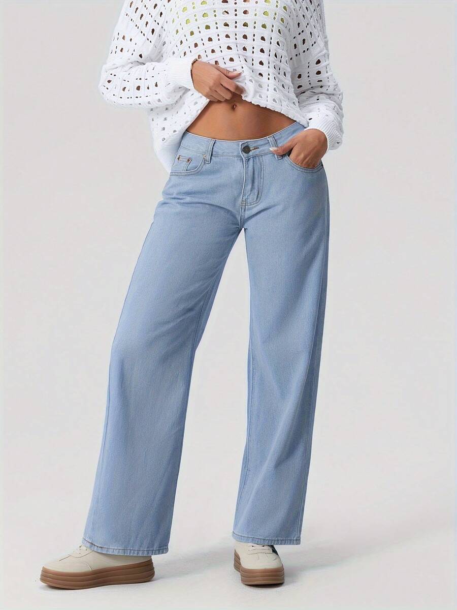 Women Loose Jean, Fashion Wide Leg Denim Long Pants For Daily Streetwear - màu xanh da trời - Xem 1