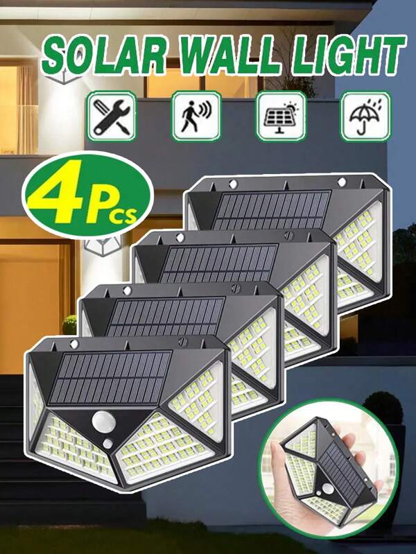 Luminária de parede externa solar ultrabrilhante de 100 LEDs com sensor de movimento, 3 modos de iluminação, iluminação de grande angular de 270 °, à prova d'água, econômica, fácil de instalar, muito adequada para quintais externos, jardins, cercas, terraços, portas de entrada, garagens e iluminação externa