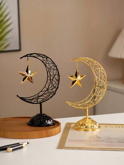 1pc Moon & Star Shaped Iron Art Decoration Ornament, Gold & Black Colors, Luxury & Creative Style, Hand-Held, Suitable For Home, Dining Table, Desktop, Festival, Hotel, Living Room, Al-Fitr Decoration