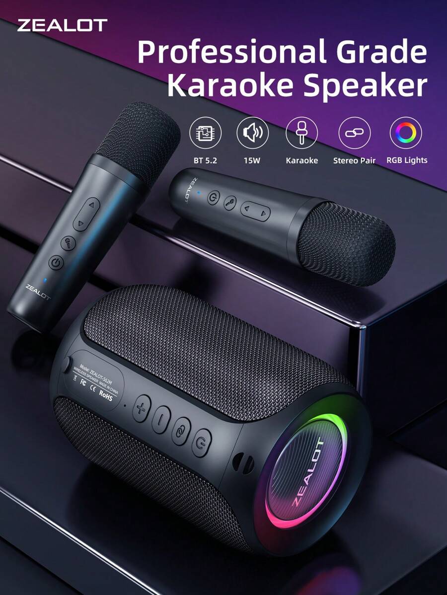 ZEALOT S62M 15W 便携式无线麦克风音箱，强劲低音 3D 环绕立体声，3600mAh 长续航电池，兼容智能手机/平板电脑/电视，支持 TF/USB/AUX/TWS 音频输入，双扬声器可使音量翻倍，适用于汽车、户外、露营、聚会等场合。 - 均碼 - 查看 1