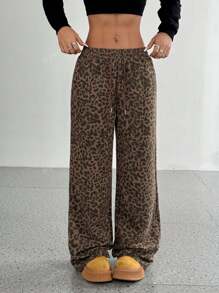 Pantalones anchos casuales sueltos de pierna ancha con estampado de leopardo para mujer