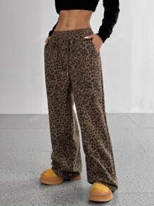 Pantalones anchos casuales sueltos de pierna ancha con estampado de leopardo para mujer