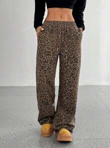 Pantalones anchos casuales sueltos de pierna ancha con estampado de leopardo para mujer