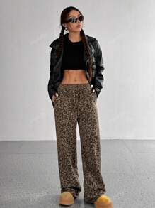 Pantalones anchos casuales sueltos de pierna ancha con estampado de leopardo para mujer