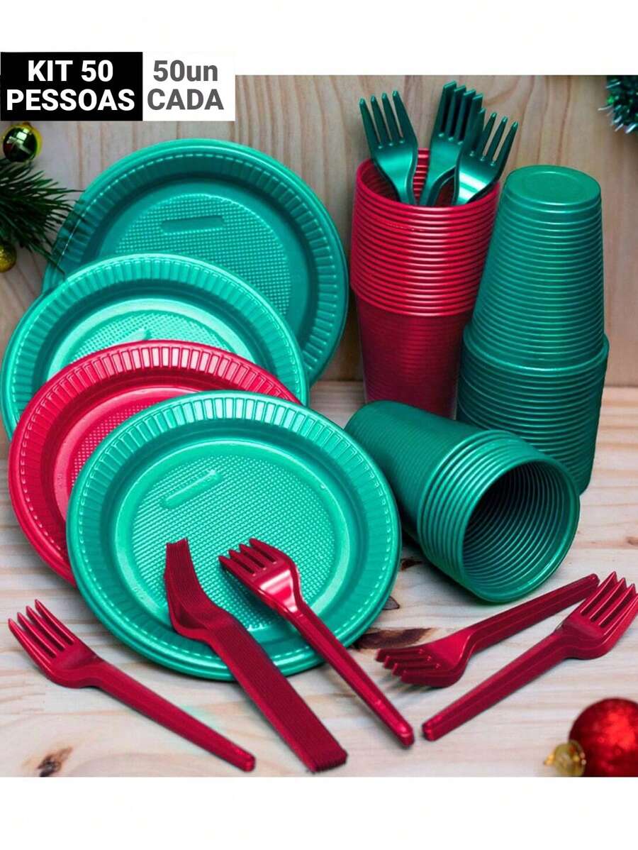 Disposable Christmas Kit Dessert Fork Plate Cup Complete 50 Decoration Christmas Ornaments - Xanh ngọc trai và Đỏ ngọc trai - Xem 1