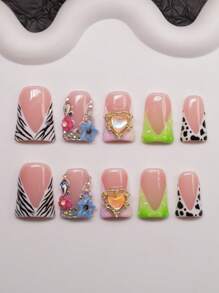 10 件/套手工法式美甲假指甲，有米色、绿色、粉色、黑色和白色图案，包括法式指甲、豹纹、牛纹、心形、水钻、星星、花朵和人造珍珠。适合派对、表演和日常佩戴。配有工具包。送给女士和女孩的绝佳礼物。按压指甲