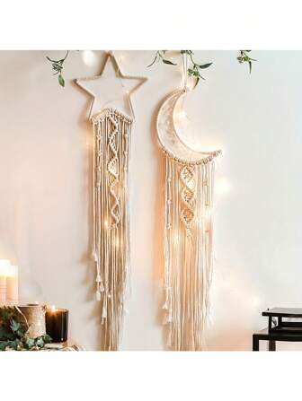 A Set Of 2 Handmade Woven Lace Star And Moon Dream Catcher Wall Hanging, Bohemian Home Decoration Wall Art Hanging Decoration, Suitable For Home Wedding Living Room Bedroom Holiday Gift Decoration Wall Hanging Without Light, For Wedding