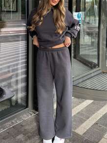 Women's Y2k Bow 2 Piece Outfits Cute Bow Graphic Print Long Sleeve Hoodie Pullover Tops And Wide Leg Pants Sets Fall Spring Oversized Hooded Sweatshirt Tracksuit Sweatsuit Matching Outfit Streetwear - 深灰色 - 查看 2
