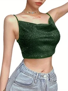 Women Summer Crop Top Black Shiny Spaghetti Straps Low Cut V-Neck Form-Fitting Tank Top For Girls - 墨綠色 - 查看 2