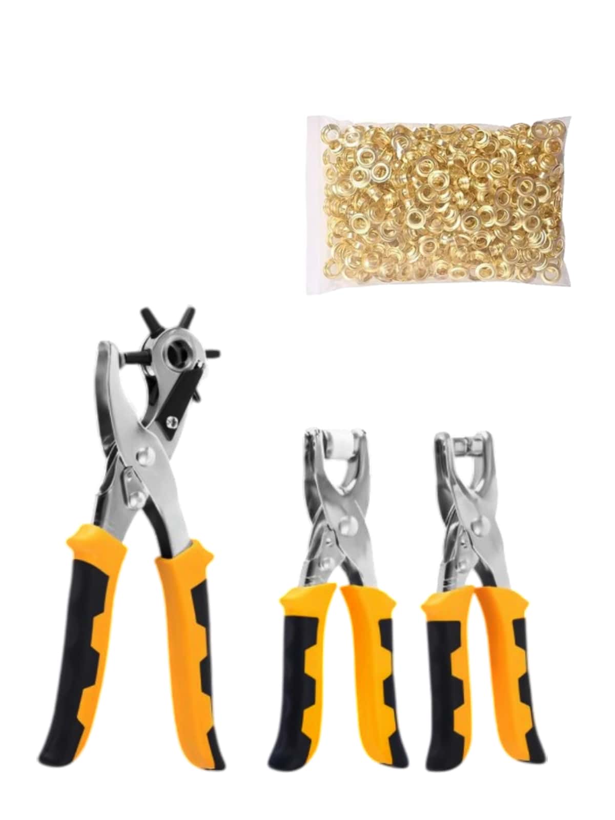 Vmingo Kit Alicate 3en1 Sacabocados Ojales Remachadora Ojilladora Cinturon Repuesto 350 Remaches - Amarillo - Ver 1