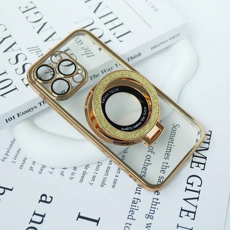 With Phone Charm 1pc Gold Plated TPU Phone Case For Magsafe Stand, With Camera Lens Protector, Shockproof Cover Compatible With IPhone 15pro Max 14 13 12 11, Full Coverage