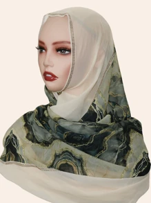 1pc Women's Fashion Muslim Hijab Scarf, Chiffon Fabric Colorful Patchwork Print Long Wide Scarf, Casual Stylish Headscarf Shawl, Middle Eastern Rhinestone Material, High-End, Breathable, All Season