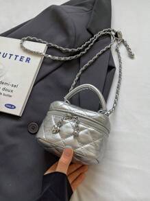 New Fashion Classic Multifunctional Waterproof PU Material, Diamond Quilted Pattern Handbag, Lightweight And Easy To Carry, Zipper Closure Design, Heart-Shaped Zipper Decor Crossbody Round Box Bag, Coin Purse, Suitable For Shopping, Travel, Commuting - Silver - View 6
