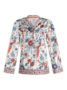 Women Casual Blouse, Long Sleeve Floral Printed Loose V-Neck Tops, Loose Wild Fashion Spring/Fall Top Shirt - 杏色 - 查看 4
