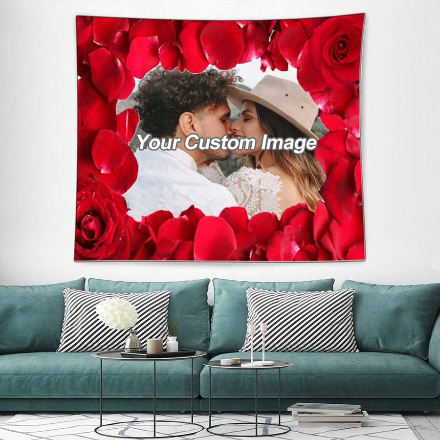 定制挂毯个性化背景与照片，定制壁挂用于婚礼、生日、情人节、最佳爱情表达礼物和美学装饰 - 紅色 - 查看 1