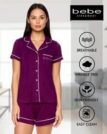 Bebe Pajama Set For Women, Stretch Rayon Knit Short Sleeve PJs For Women Set, Ladies Pajamas Sets - 深紫色 - 查看 3