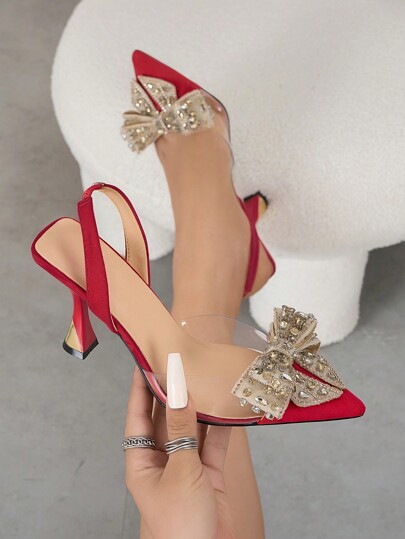 Tacones altos de punta cerrada con decoración de lazo de strass para mujer, zapatos elegantes de vestir para fiesta, boda y noche, adecuados para otoño/invierno, rojo para el Día de San Valentín, elegantes, bombas de mujer