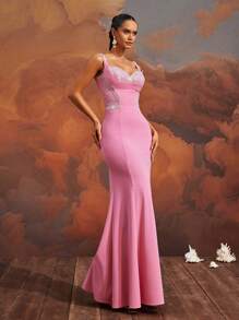 VIPGIRL Cautivador vestido de noche de sirena rosa con detalles de cuentas, diseño de espalda con lazada, sin mangas, abertura alta, elegante vestido de noche hasta el suelo, adecuado para fiestas, bodas u ocasiones formales - Rosa - Ver 9