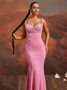VIPGIRL Cautivador vestido de noche de sirena rosa con detalles de cuentas, diseño de espalda con lazada, sin mangas, abertura alta, elegante vestido de noche hasta el suelo, adecuado para fiestas, bodas u ocasiones formales - Rosa - Ver 6