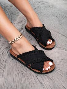 Kate Miuch Four Seasons American Retro Fashion Simple Atmosphere Charming Suitable For Roman Holiday Seaside Music Festival With Dress Black Tassel Ladies Flat Sandals, Bohemian Style Artistic Style Natural Playful Cute British Style College Sense Of Elegance Beautiful Comfortable Lightweight Open-Toe Breathable Brown PU Leather Round Toe Ladies Slippers.