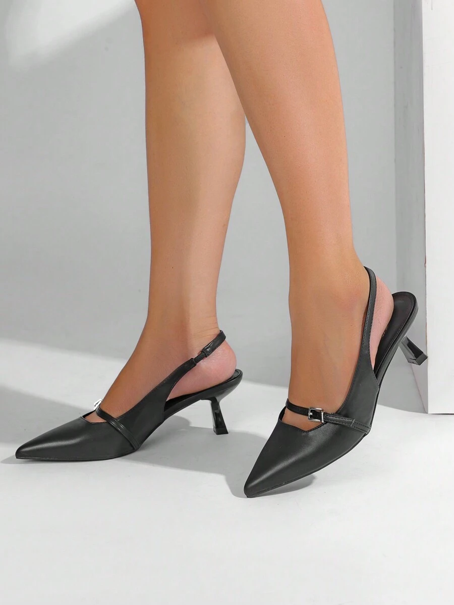 Sandálias de salto alto elegantes e de bico em cores sólidas e saltos altos elegantes - Preto - Ver 1