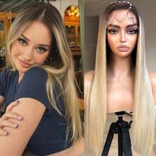 DZfirst 渐变金色 13x4 直发高清蕾丝前假发 预拔长直发 28 英寸蕾丝前假发 合成材料 可穿戴蕾丝前假发 日常使用