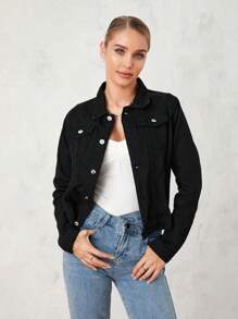 Womens Solid Color Denim Jacket, Casual Long Sleeve Button Down Chest Pocket Jean Jacket - Black - View 6