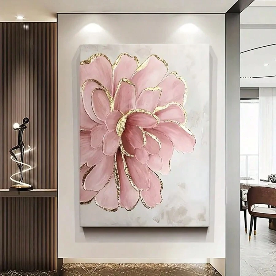 Canvas Printing Wall Art - Pink Peony Flower With Gold Decoration, Modern Decorative Wall Hanging Decoration Living Room, Hotel - Luxury Flower Machine Printing Canvas Wrapping Canvas With Frame - 粉色 - 查看 1