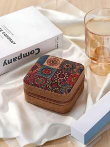 1个复古印花迷你首饰盒，可收纳耳环、戒指、项链，旅行收纳盒，优雅印花首饰盒，多功能首饰收纳盒 - 彩色 - 查看 12