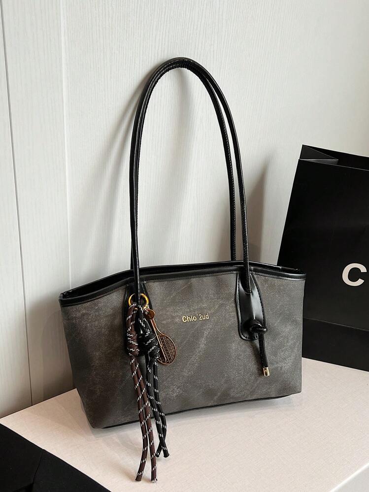Solid Color PU Leather Retro Simple Versatile Women's Tote Bag, Large Capacity Daily Travel Must-Have Tote, Old Money - Black - View 1
