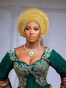 欧美复古英式毛毡头带帽，女士教堂德比帽，饰有花朵，柔软贝雷帽，优雅串珠非洲汽车凝胶头带，手工分层闪亮面料头带，波西米亚风格传统婚礼和派对特殊场合头饰，睡帽 - 尼日利亞頭巾帽 - 查看 6