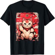 Vintage Japanese Cute Neko Cat Maneki Neko And Sakura Tree T-Shirt - Black - View 1